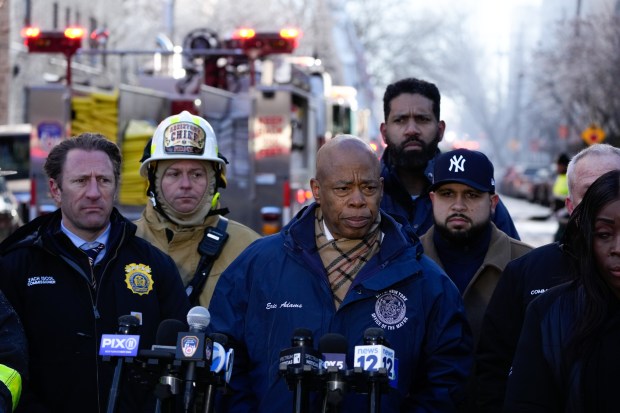 Mayor Eric Adams speaks to the press at the scene of a five-alarm fire in the Bronx is pictured on Friday, January 10, 2025. (Michael Appleton / Mayoral Photography Office)