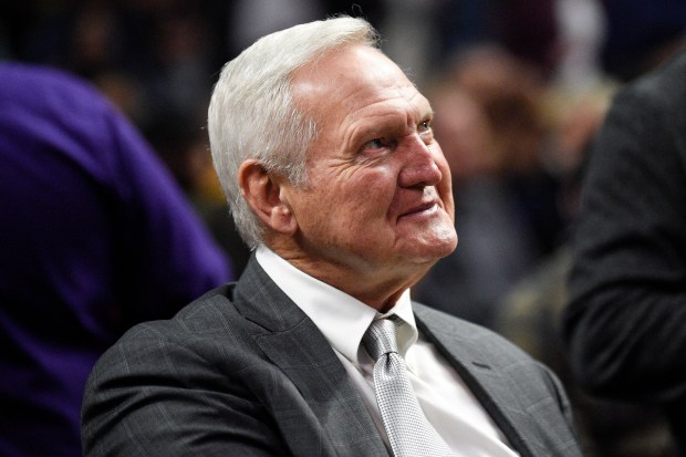 Jerry West watches warm ups prior to an NBA basketball game between the Los Angeles Clippers and Sacramento Kings in Los Angeles, Thursday, Jan. 30, 2020. (AP Photo/Kelvin Kuo)