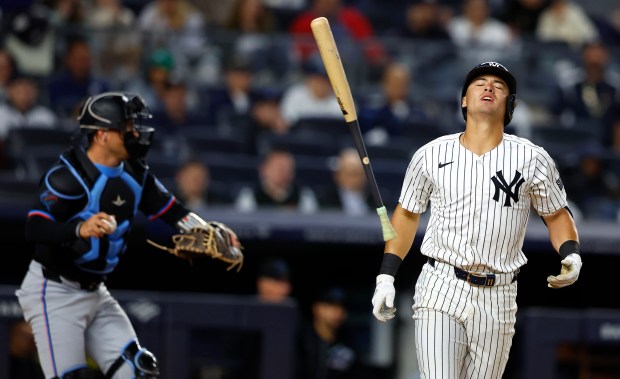 Anthony Volpe reacts after being called out on strikes during the seventh inning of a baseball game, against the Miami Marlins, Monday, April 8, 2024 in New York. (AP Photo/Noah K. Murray)