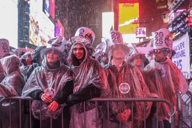 Revelers wear hats and ponchos as they dance in the rain during the annual New Year's Eve celebration in Times Square, Tuesday, Dec. 31, 2024, in New York. (AP Photo/Heather Khalifa)