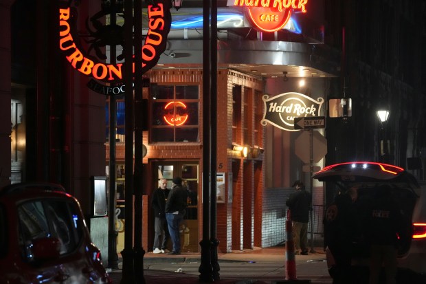 The scene after a vehicle drove into a crowd on New Orleans' Canal and Bourbon Street, Wednesday Jan. 1, 2025. (AP Photo/Gerald Herbert)