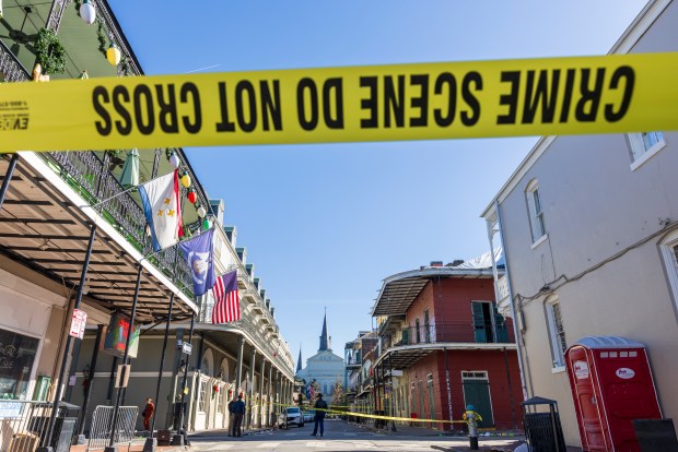 New Orleans police and federal agents investigate a suspected terrorist attack on Bourbon Street in New Orleans on New Year's Day on Wednesday, Jan. 1, 2025. (Chris Granger/The New Orleans Advocate via AP)