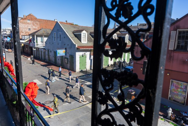 New Orleans police and federal agents investigate where an IED was found on Bourbon Street in New Orleans on New Year's Day on Wednesday, Jan. 1, 2025. (Chris Granger/The New Orleans Advocate via AP)