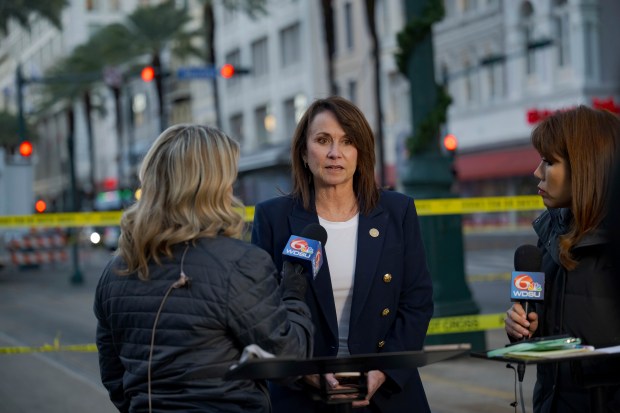 Louisiana Attorney General Liz Murrill speaks to media at the intersection of Bourbon Street and Canal Street during the investigation after a pickup truck rammed into a crowd of revelers early on New Year's Day, Wednesday, Jan. 1, 2025, in New Orleans. (AP Photo/Matthew Hinton)