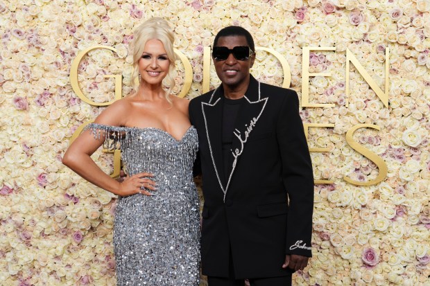 Rika Tischendorf, left, and Babyface arrive at the 82nd Golden Globes on Sunday, Jan. 5, 2025, at the Beverly Hilton in Beverly Hills, Calif. 