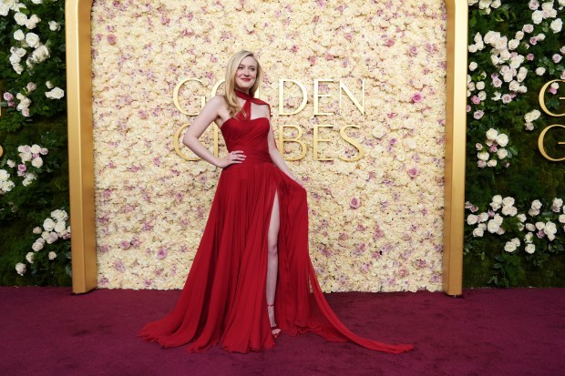 Dakota Fanning arrives at the 82nd Golden Globes on Sunday, Jan. 5, 2025, at the Beverly Hilton in Beverly Hills, Calif. 