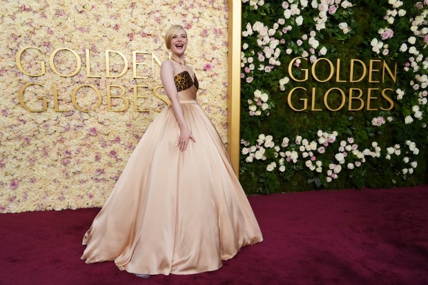 Elle Fanning arrives at the 82nd Golden Globes on Sunday, Jan. 5, 2025, at the Beverly Hilton in Beverly Hills, Calif. 