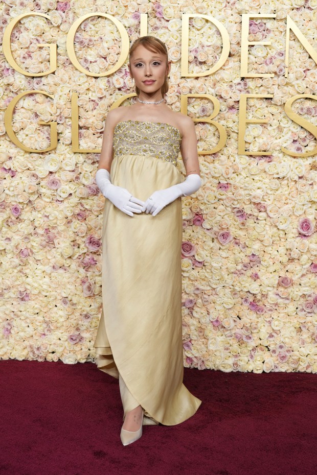 Ariana Grande arrives at the 82nd Golden Globes on Sunday, Jan. 5, 2025, at the Beverly Hilton in Beverly Hills, Calif. 