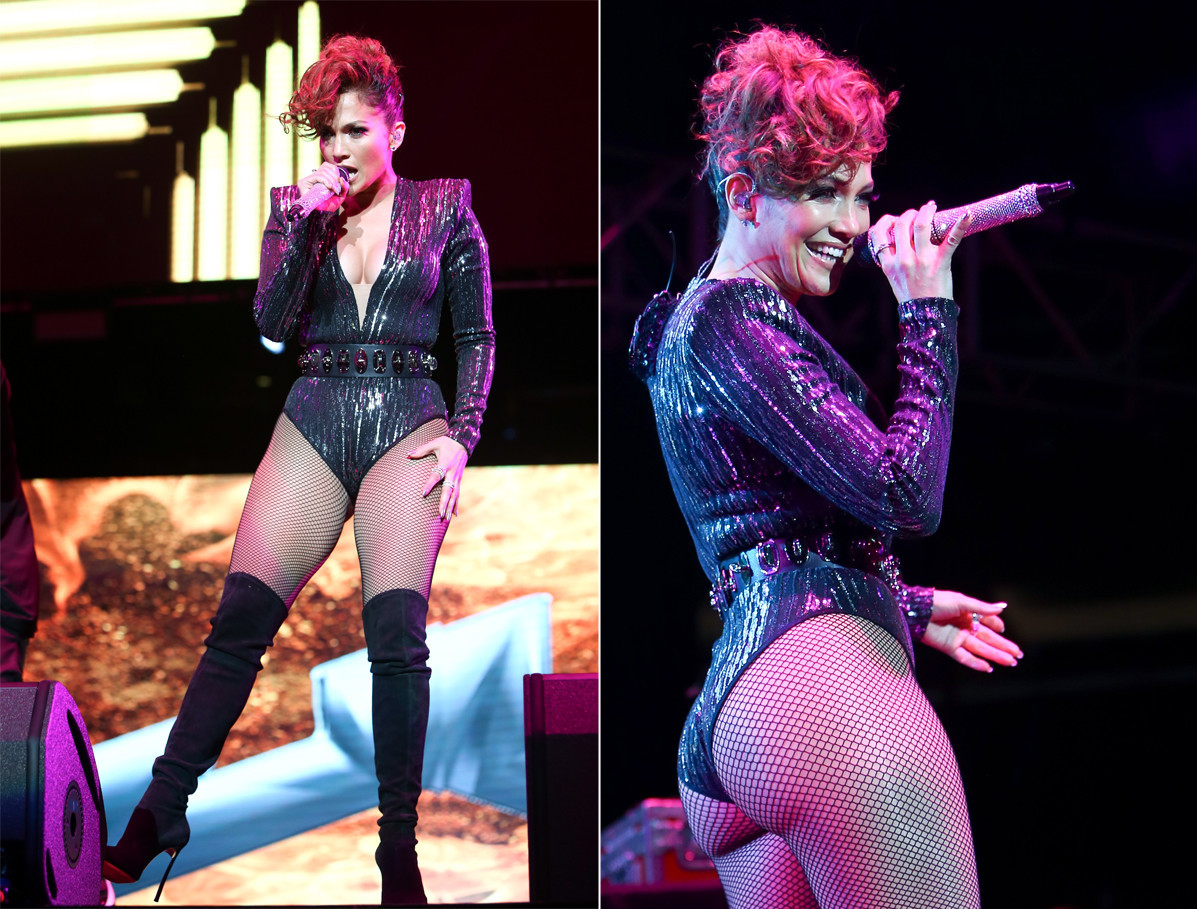 Jennifer Lopez put her famous curves on display in a plunging bodysuit as she commanded the stage during the Mega 97.9 Megaton Concert at Madison Square Garden on Oct. 28, 2015 in New York City. The 46-year-old stunner wore a sparkly ensemble with fishnet tights and knee-high boots as she performed for the screaming crowd.