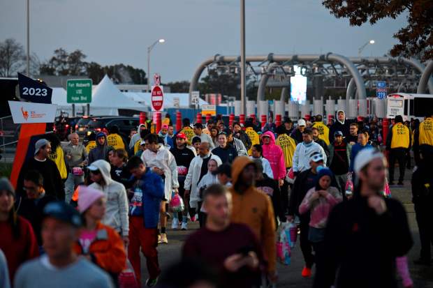 Runners arrive ahead of the 52nd Edition of the New York City Marathon on November 5, 2023. (Photo by ANGELA WEISS / AFP) (Photo by ANGELA WEISS/AFP via Getty Images)