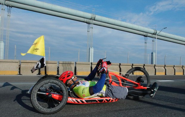 A wheelchair racer crosses the Verrazzano-Narrows Bridge ahead of the 52nd Edition of the New York City Marathon on November 5, 2023. (Photo by KENA BETANCUR / AFP) (Photo by KENA BETANCUR/AFP via Getty Images)