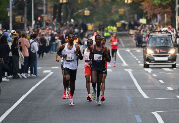 Kenya's Albert Korir (R) and Ethiopia's Tamirat Tola compete in the 52nd Edition of the New York City Marathon on November 5, 2023. (Photo by ANGELA WEISS / AFP) (Photo by ANGELA WEISS/AFP via Getty Images)