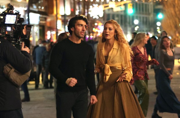 Justin Baldoni and Blake Lively are seen on the set of 'It Ends with Us' on January 12, 2024 in Jersey City, New Jersey. (Photo by Jose Perez/Bauer-Griffin/GC Images)