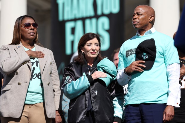 NEW YORK, NEW YORK - OCTOBER 24: (L-R) New York Attorney General Letitia James, Governor of New York Kathy Hochul and New York City Mayor Eric Adams look on during the New York Liberty Championship ticker tape parade celebrating winning the 2024 WNBA Finals on October 24, 2024 in New York City. NOTE TO USER: User expressly acknowledges and agrees that, by downloading and/or using this photograph, user is consenting to the terms and conditions of the Getty Images License Agreement. (Photo by Elsa/Getty Images)