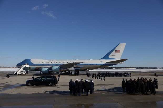 Special Air Mission 39 carrying the casket with the body of former US president Jimmy Carter arrives at Joint Base Andrews, Maryland on January 7, 2025. Carter, the 39th President of the United States, died at the age of 100 on December 29, 2024 at his home in Plains, Georgia. (Photo by Samuel Corum / AFP) (Photo by SAMUEL CORUM/AFP via Getty Images)