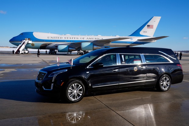 The hearse carrying the flag-draped casket of former President Jimmy Carter prepares to depart Joint Base Andrews, Maryland on January 7, 2025. Carter, the 39th President of the United States, died at the age of 100 on December 29, 2024 at his home in Plains, Georgia. (Photo by Susan Walsh / POOL / AFP) (Photo by SUSAN WALSH/POOL/AFP via Getty Images)