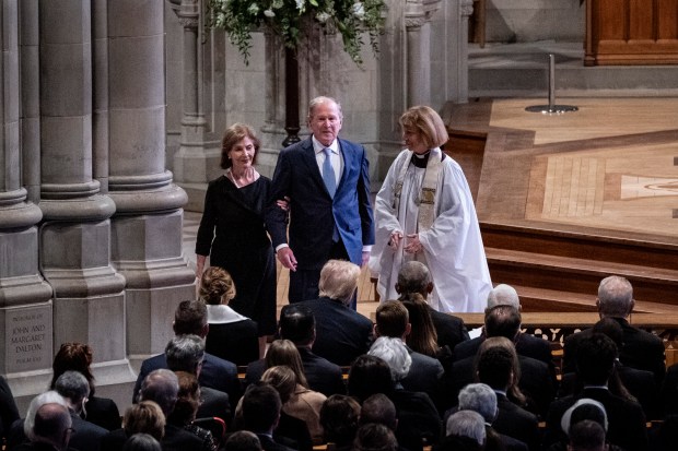 WASHINGTON, DC - JANUARY 09: Former President George W. Bush and first lady Laura Bush arrive for the state funeral for former President Jimmy Carter at Washington National Cathedral on January 9, 2025 in Washington, DC. President Joe Biden declared today a national day of mourning for Carter, the 39th President of the United States, who died at the age of 100 on December 29, 2024 at his home in Plains, Georgia. Following the state funeral, Carter's remains will be returned to Plains, Georgia where he will be interred after a private family service. (Photo by Haiyun Jiang-Pool/Getty Images)