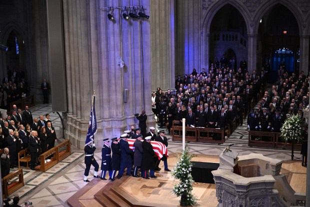 The remains of former US President Jimmy Carter arrive at the Washington National Cathedral in Washington, DC, for a State Funeral Service on January 9, 2025. (Photo by Mandel NGAN / AFP) (Photo by MANDEL NGAN/AFP via Getty Images)