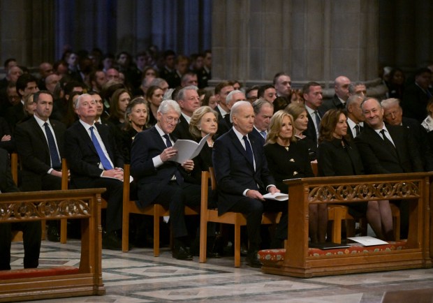 From L to R, front row, US President Joe Biden, First Lady Jill Biden, Vice President Kamala Harris and Second Gentleman Doug Emhoff attend state funeral services for former President Jimmy Carter at the National Cathedral on January 9, 2025 in Washington, DC. (Photo by Ricky Carioti / POOL / AFP) (Photo by RICKY CARIOTI/POOL/AFP via Getty Images)