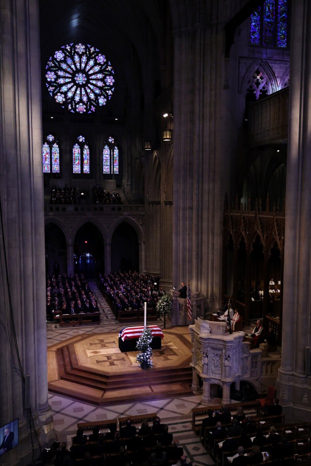 WASHINGTON, DC - JANUARY 09: The flag-draped casket of former U.S. President Jimmy Carter is seen during his state funeral at Washington National Cathedral on January 09, 2025 in Washington, DC. President Joe Biden declared today a national day of mourning for Carter, the 39th President of the United States, who died at the age of 100 on December 29, 2024 at his home in Plains, Georgia. (Photo by Chip Somodevilla/Getty Images)