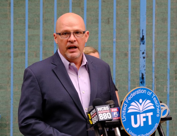 Michael Mulgrew, president of the United Federation of Teachers union, speaks to the media after visit to P.S. 15 on the Lower East Side of Manhattan in 2020. (Luiz C. Ribeiro for New York Daily News)