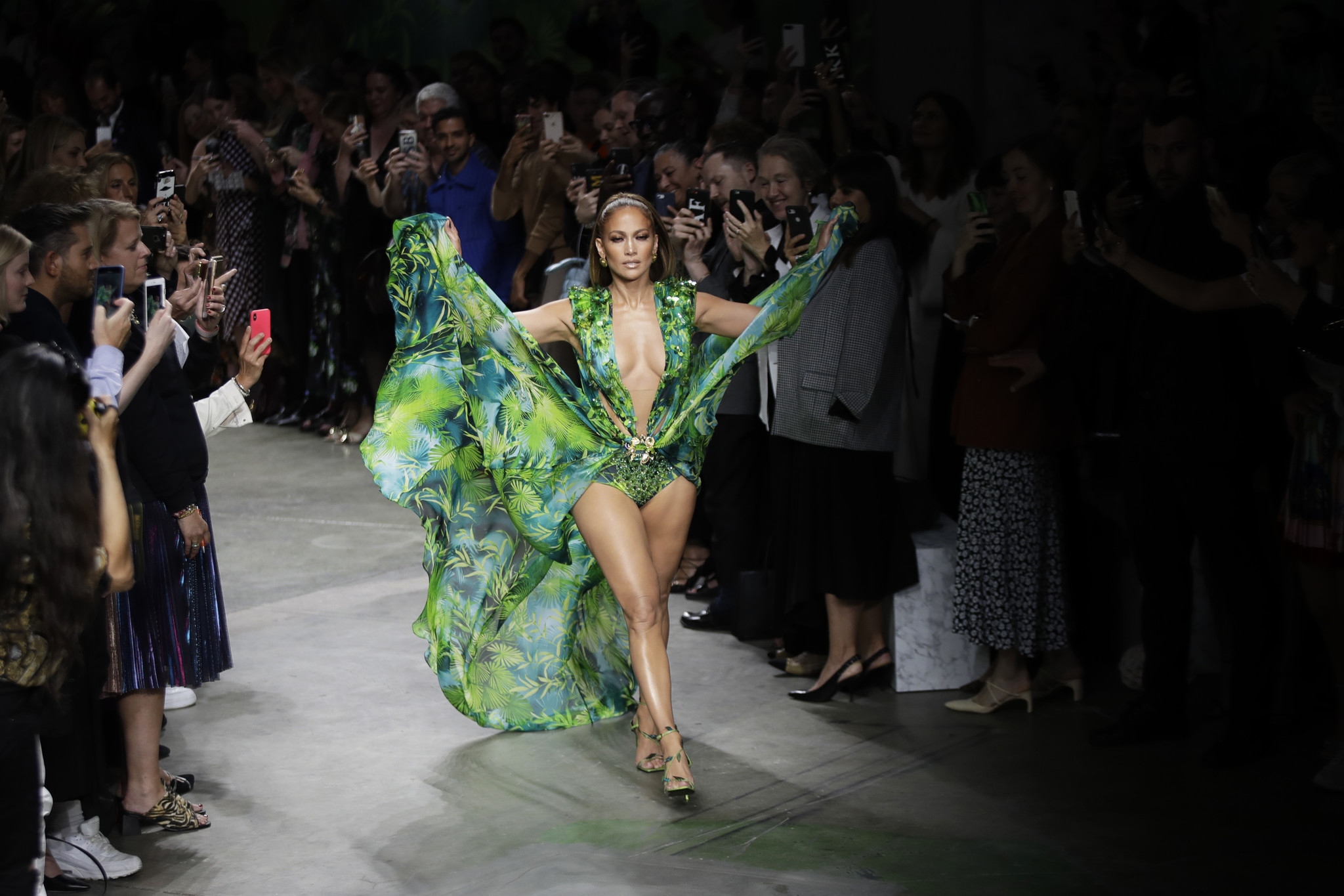 Jennifer Lopez makes her way down the runway of the Versace spring/summer 2020 show in Milan, Italy on Sept. 20, 2019.