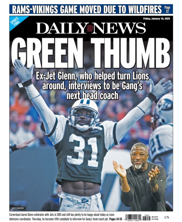 Back page for Jan. 10, 2025: Ex-Jet Glenn, who helped turn Lions around, interviews to be next head coach. Cornerback Aaron Glenn celebrates with Jets in 2001 and still has plenty to be happy about today as Lions defensive coordinator. Thursday, he becomes fifth candidate to interview for Gang's head coach job. 