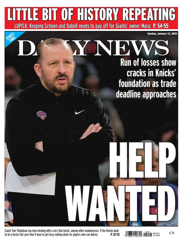 Back page for Jan. 12, 2025: Run of losses show cracks in Knicks' foundation as trade deadline approaches. Coach Tom Thibodeau has been dealing with a very thin bench, among other weaknesses. If the Knicks want to be a factor this year they'll have to get busy making deals for players who can deliver. 