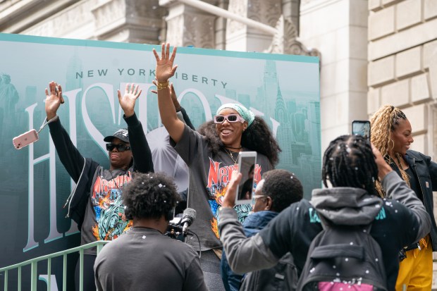 Fans and New York Liberty players celebrate during a ticker-tape parade in Manhattan's 'Canyon of Heroes' the following the Liberty's WNBA Championship win on Thursday, Oct. 22, 2024, in New York City. (Barry Williams for New York Daily News)