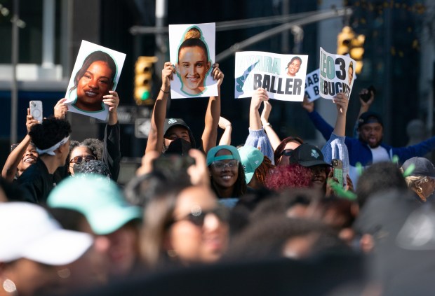 Fans and New York Liberty players celebrate during a ticker-tape parade in Manhattan's 'Canyon of Heroes' the following the Liberty's WNBA Championship win on Thursday, Oct. 22, 2024, in New York City. (Barry Williams for New York Daily News)