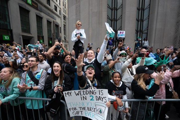 Fans and New York Liberty players celebrate during a ticker-tape parade in Manhattan's 'Canyon of Heroes' the following the Liberty's WNBA Championship win on Thursday, Oct. 22, 2024, in New York City. (Barry Williams for New York Daily News)
