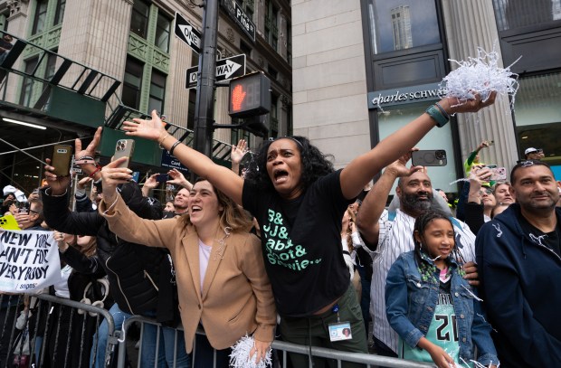 Fans and New York Liberty players celebrate during a ticker-tape parade in Manhattan's 'Canyon of Heroes' the following the Liberty's WNBA Championship win on Thursday, Oct. 22, 2024, in New York City. (Barry Williams for New York Daily News)