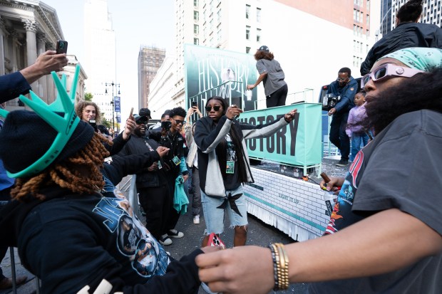 New York Liberty players dance after a ticker-tape parade in Manhattan's 'Canyon of Heroes' on Thursday, Oct. 22, 2024, in New York City. (Barry Williams for New York Daily News)