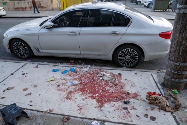 (Blood is seen here on the sidewalk) Ten people, six females and four males with an age range of 16yrs to 20yrs old, were taken to the Hospital suffering from gunshots wounds after gunmen opened fire during an Event at the Amazura Event Venue at 91-12 144th Place in Queens on Wednesday Jan. 1, 2025. 2330. Photos taken on Thursday Jan. 2, 2025. 0730. (Theodore Parisienne / New York Daily News)