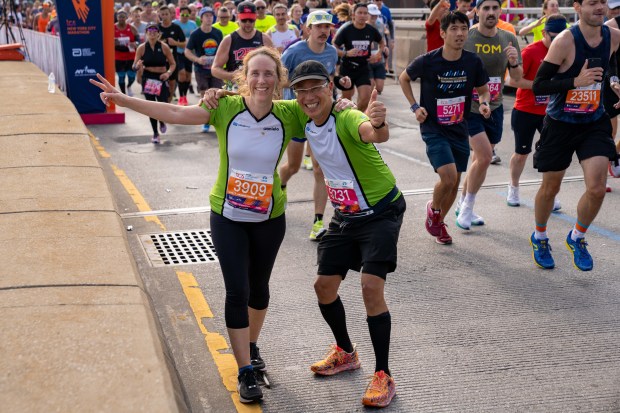 Views of the New York City TCS Marathon as participants make their way across the Pulaski Bridge in Brooklyn on Sunday November 5, 2023. 1129. (Theodore Parisienne for New York Daily News)