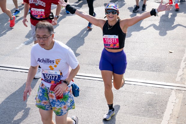 Views of the New York City TCS Marathon as participants make their way across the Pulaski Bridge in Brooklyn on Sunday November 5, 2023. 1129. (Theodore Parisienne for New York Daily News)