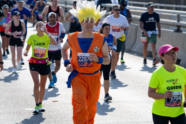 Views of the New York City TCS Marathon as participants make their way across the Pulaski Bridge in Brooklyn on Sunday November 5, 2023. 1129. (Theodore Parisienne for New York Daily News)