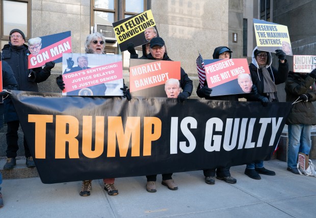 Anti-Trump protestors gather outside Manhattan Criminal Court before Donald Trump is sentenced Friday, Jan. 10, 2025 in Manhattan, New York. (Barry Williams/ New York Daily News)