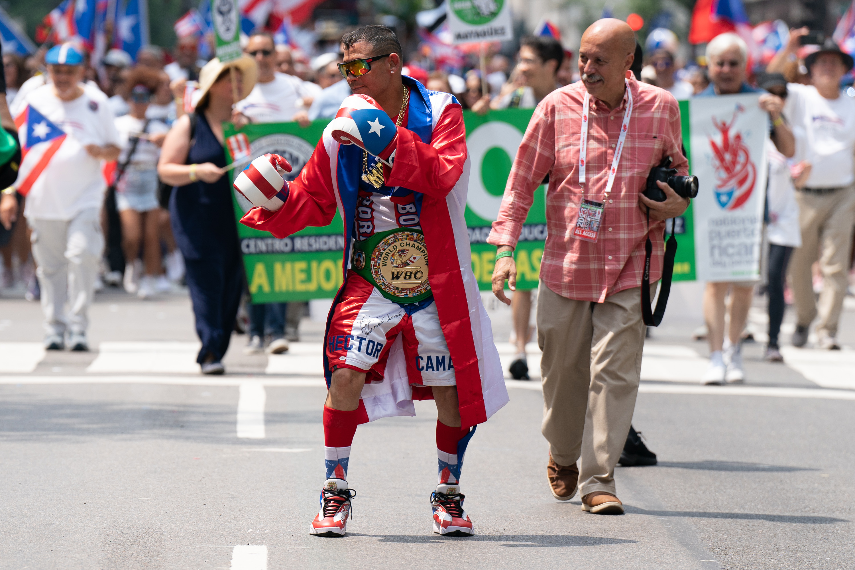 Participants pose for a photo during the Puerto Rican Day Parade along 5th Avenue in Manhattan on Sunday, June 11, 2023.